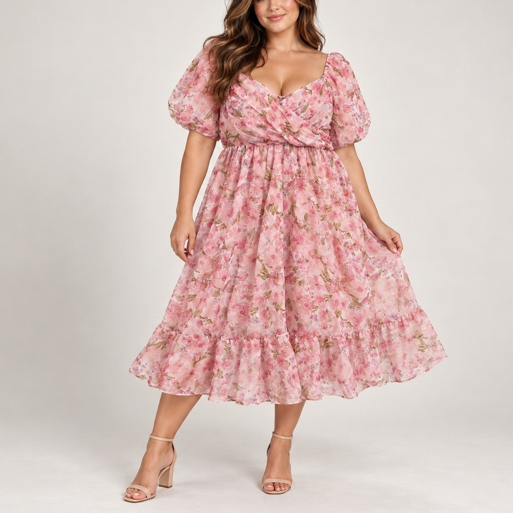 Arula Floral Chiffon Midi Dress 2X Pink Multi Puff Sleeve Ruffle Hem